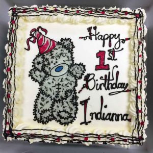 Happy 1st Birthday Indianna, with teddy bear wearing a birthday hat