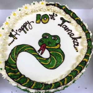 Happy 10th Tameka, with a striped green and yellow snake