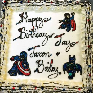 Happy Birthday Jay, Jason, and Bailey, with LEGO versions of Superman, Captain America, and Batman